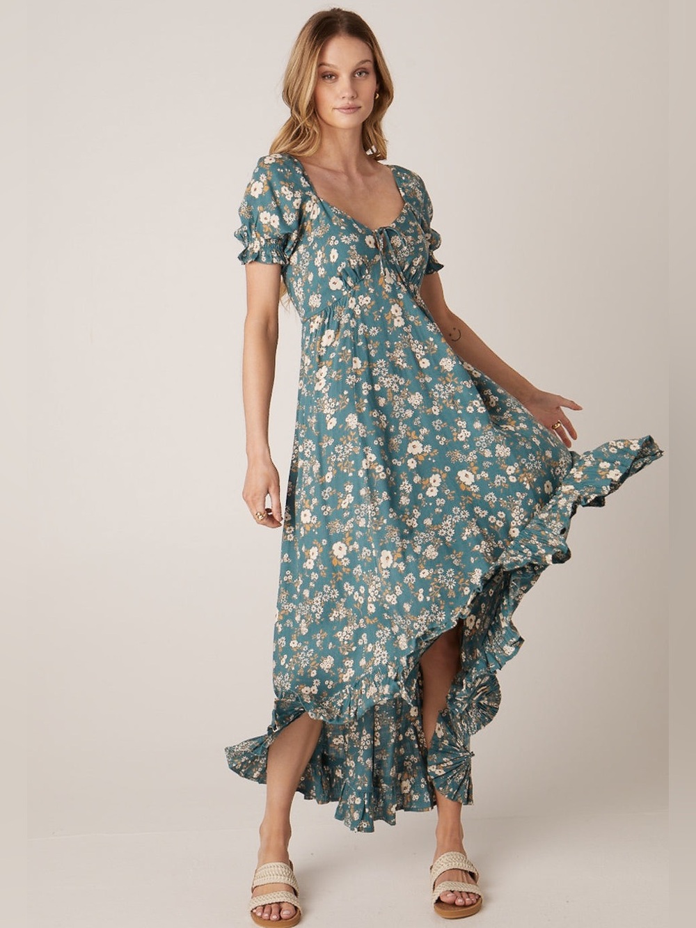 Patrons of PeaceAdrian Dress Sea Glass Floral Empire Waist Puff Sleeve Size S‎